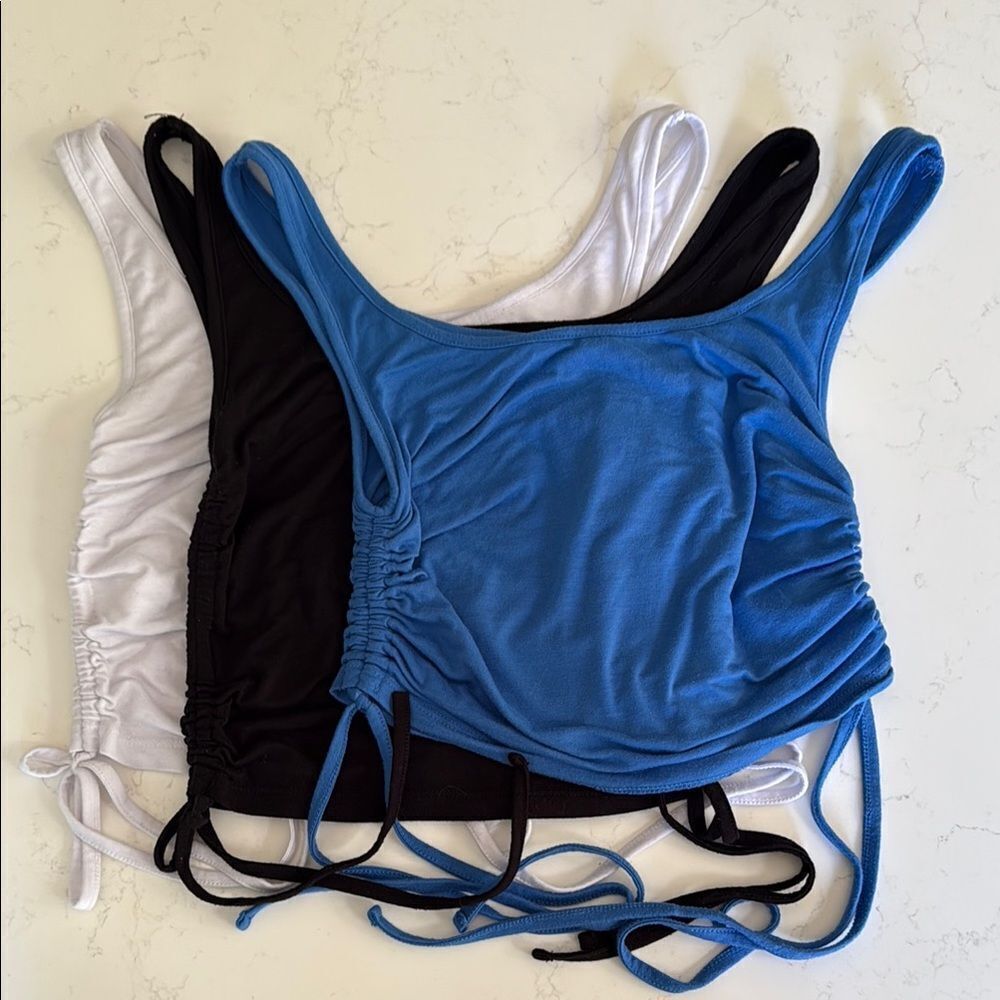 Cotton on Blue, Black, and White Ruched Tank Tops. Size small.  3 tops